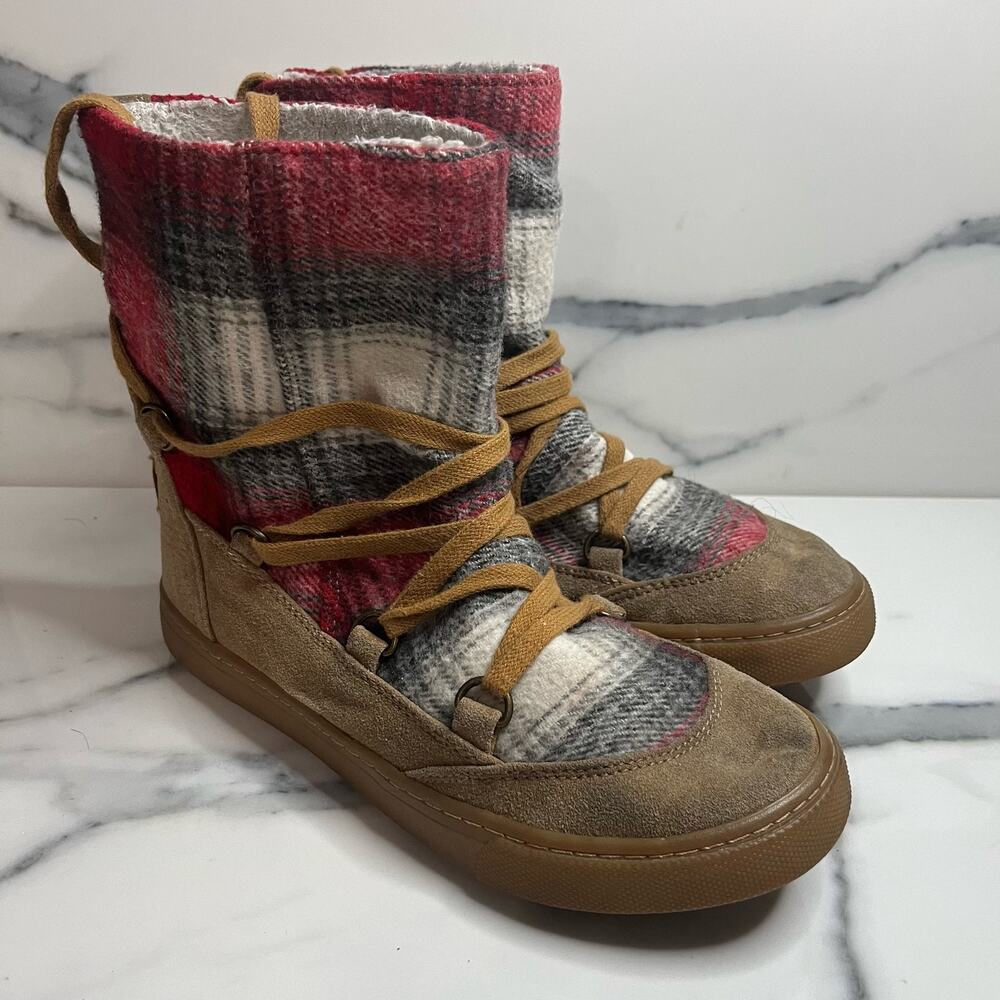 Roxy Women's Brown Suede Fleece Lined Red Blanket Plaid Aster Boots Sz 7 Cozy